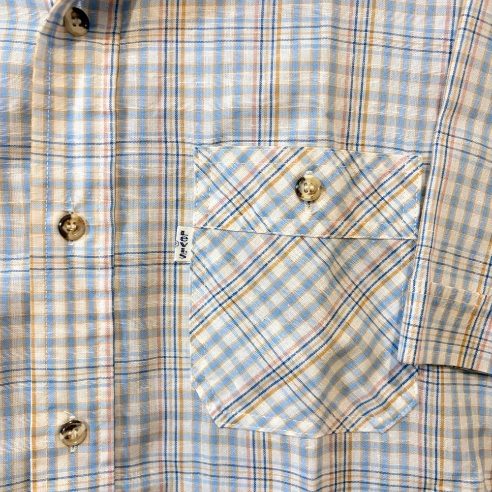 Vintage 1989 Levis White Tab Plaid Short Sleeve Shirt Made in USA Blue Tan Men M